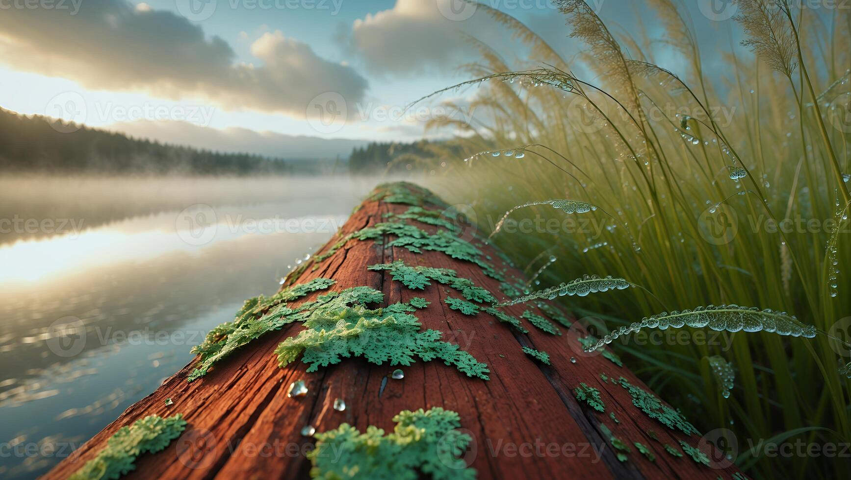 Serene morning by the lake with dew-covered logs and lush grass reflecting soft sunlight photo