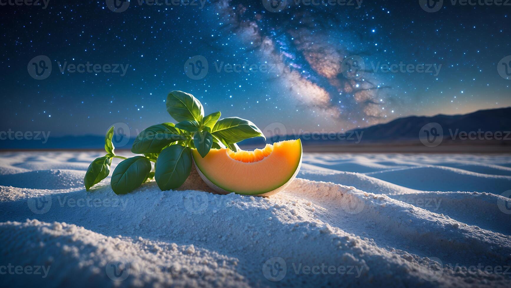 A vibrant cantaloupe slice rests on sandy terrain under a starry night sky with basil leaves photo