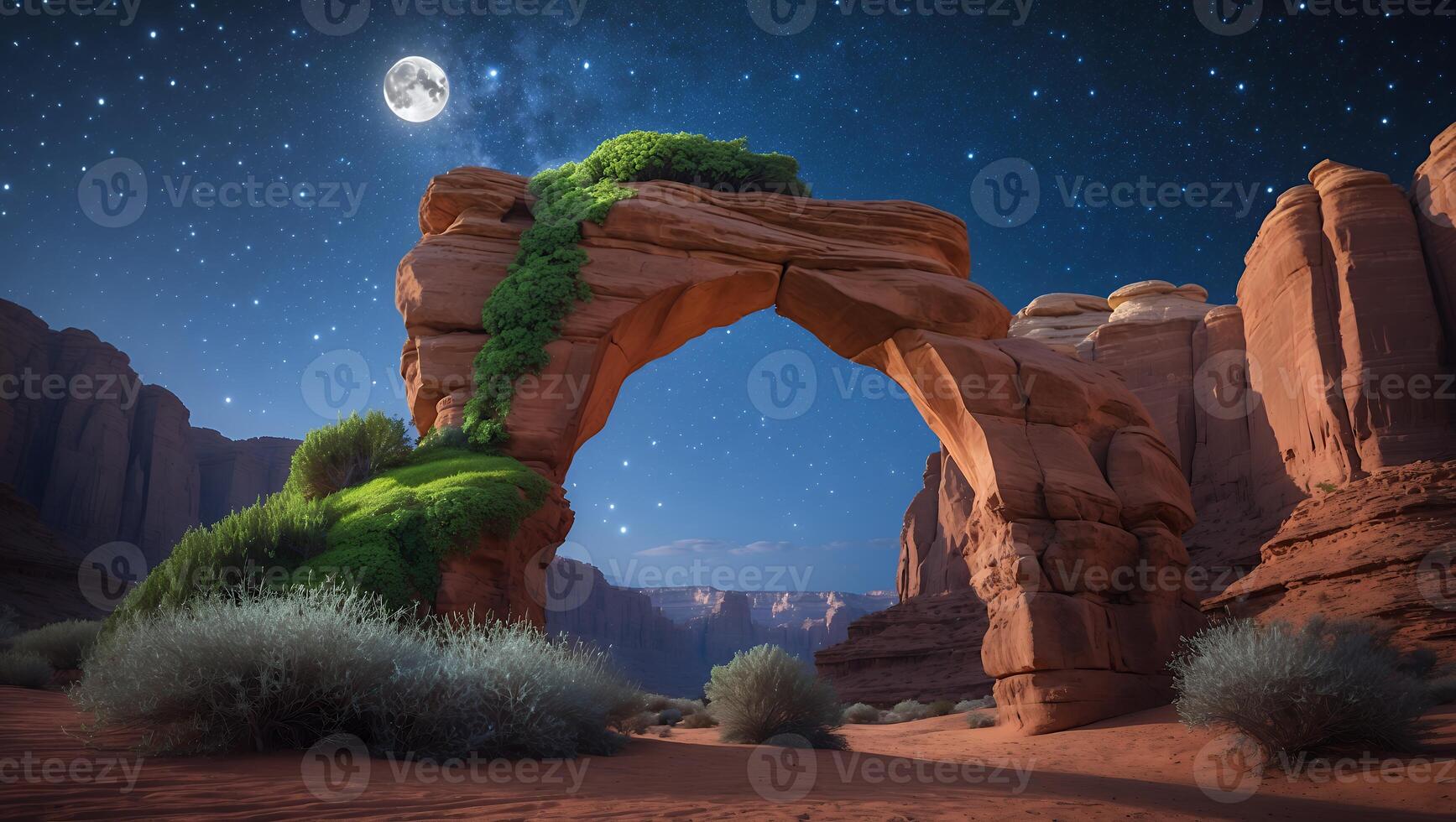 Majestic natural arch illuminated by moonlight surrounded by desert landscape and starry sky photo