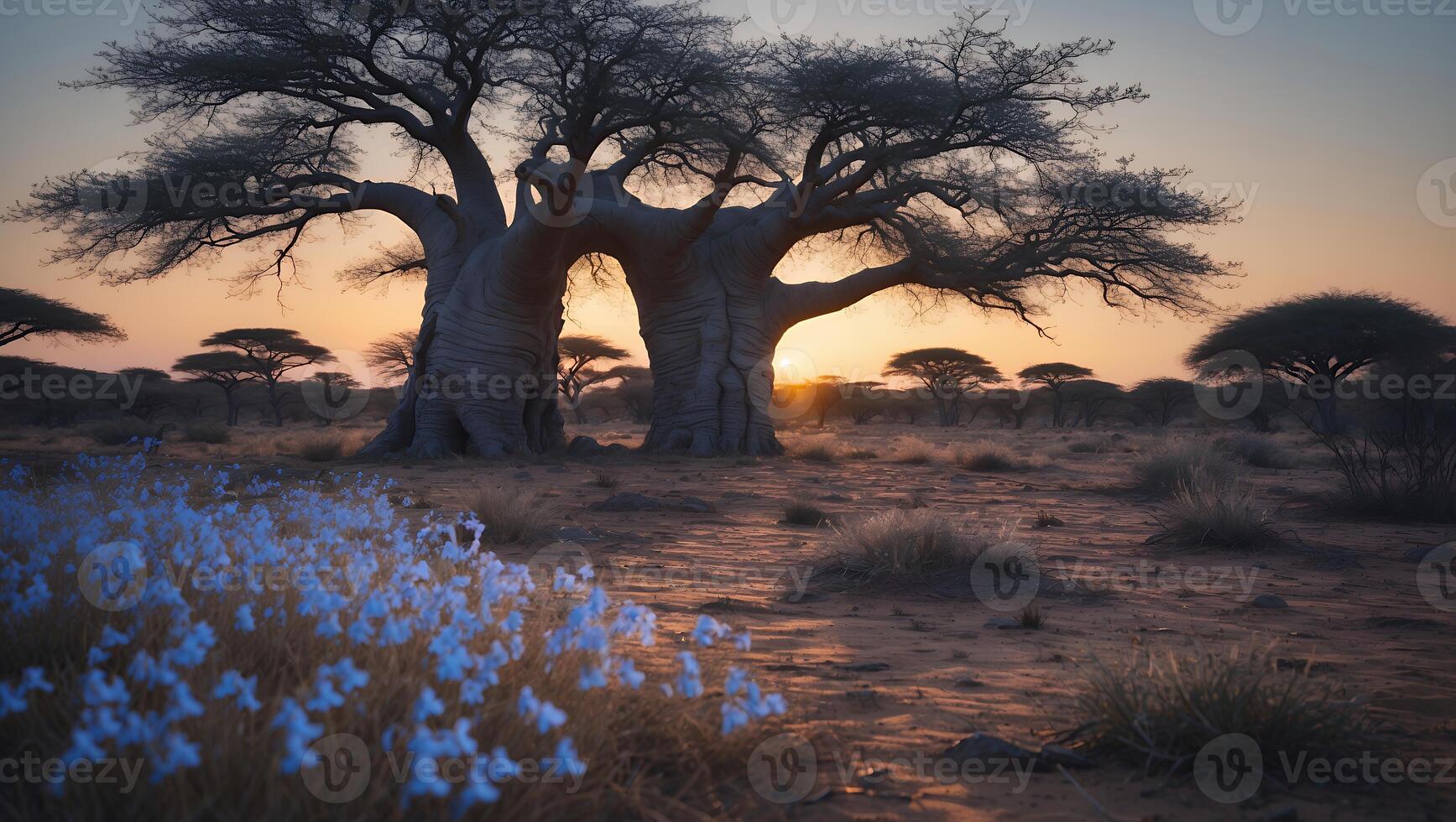 Majestic baobab trees silhouetted at sunset, surrounded by blooming wildflowers in a serene desert landscape photo