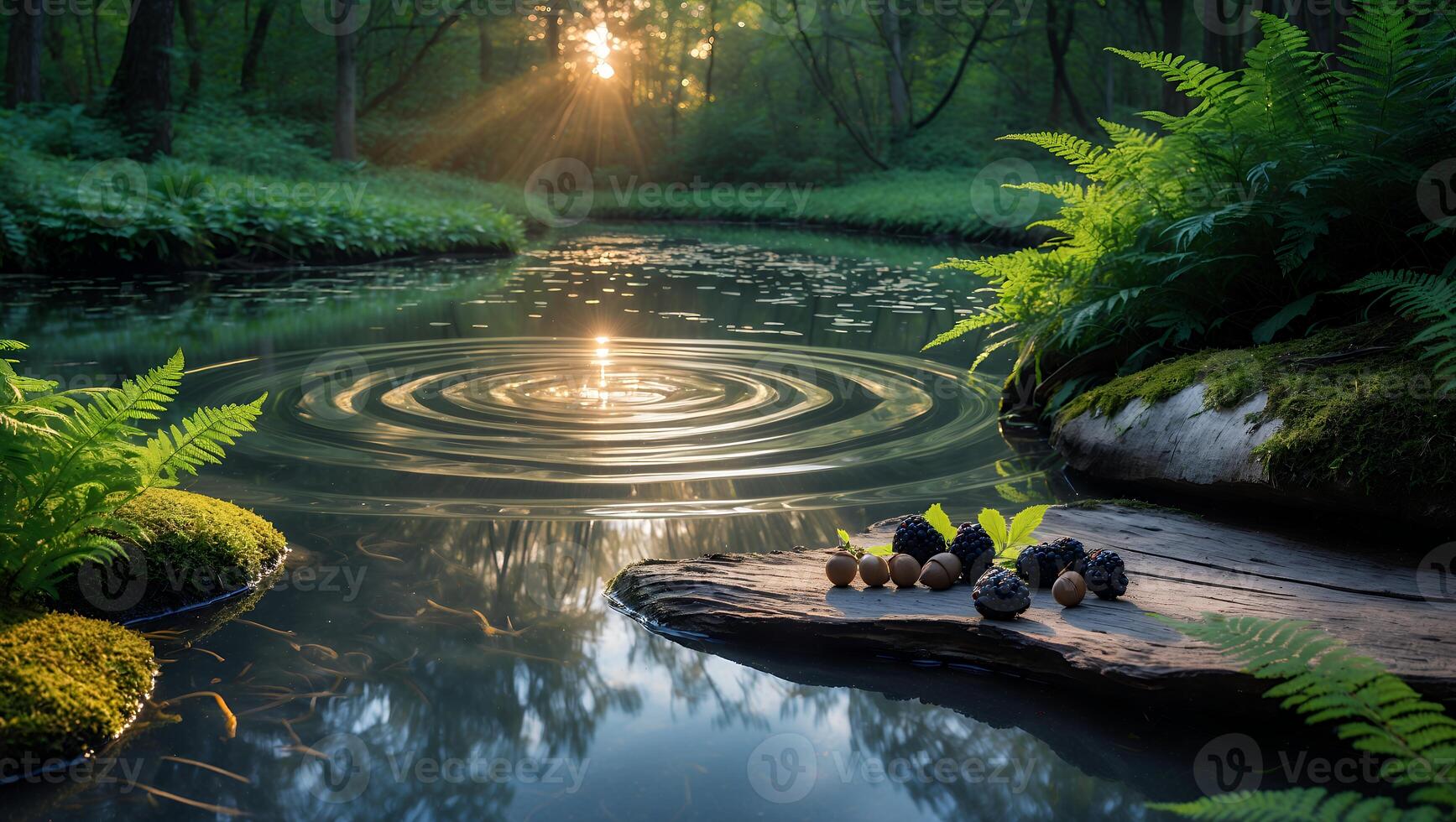 Serene forest scene with a tranquil river reflecting sunlight, showcasing nature's beauty and stillness photo