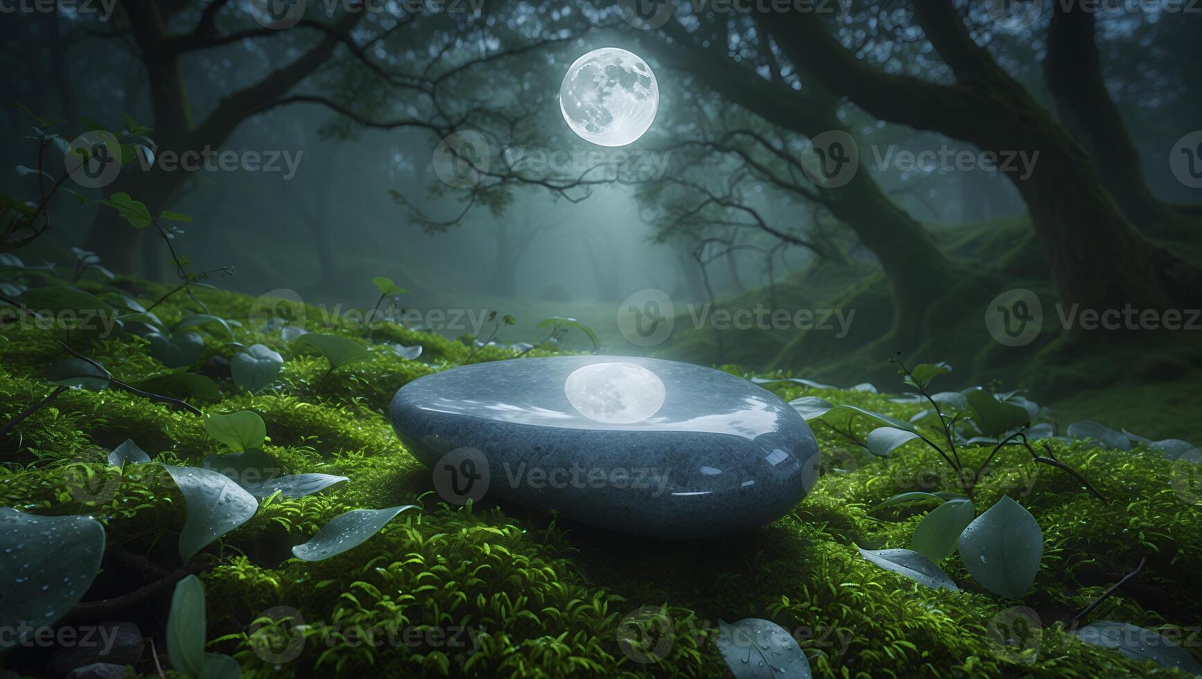 Serene moonlit forest scene with a reflective stone surrounded by lush greenery and mist photo