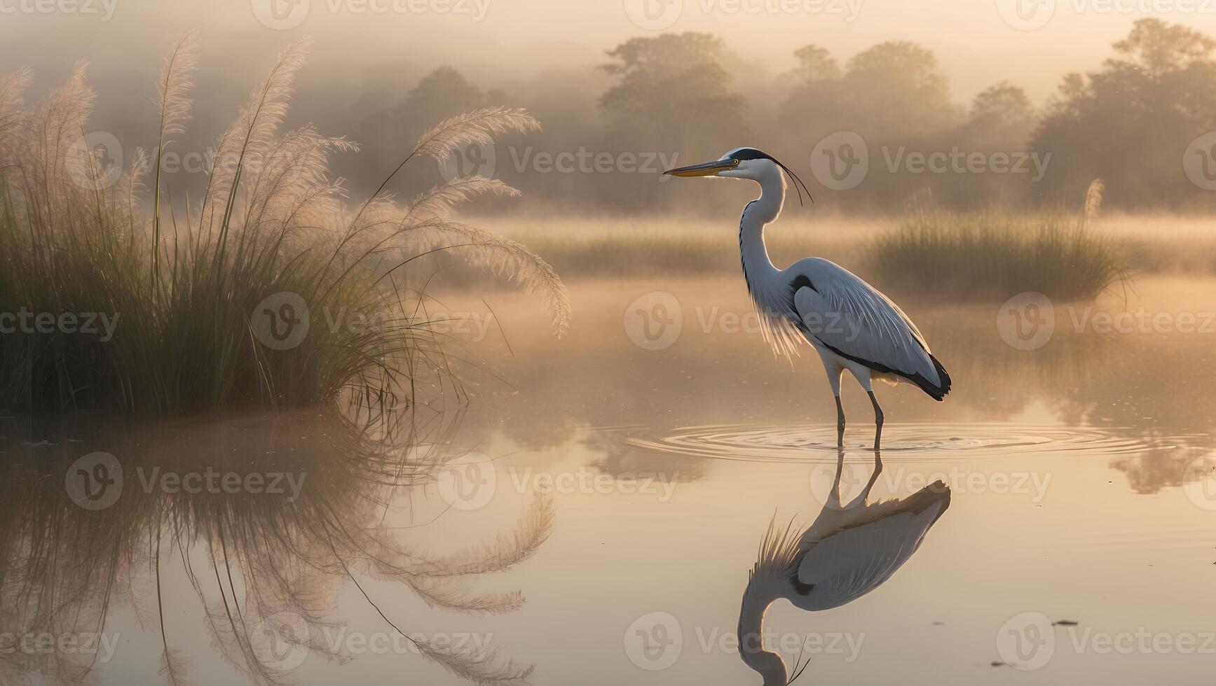 Majestic heron standing in tranquil waters at sunrise, surrounded by mist and lush vegetation photo