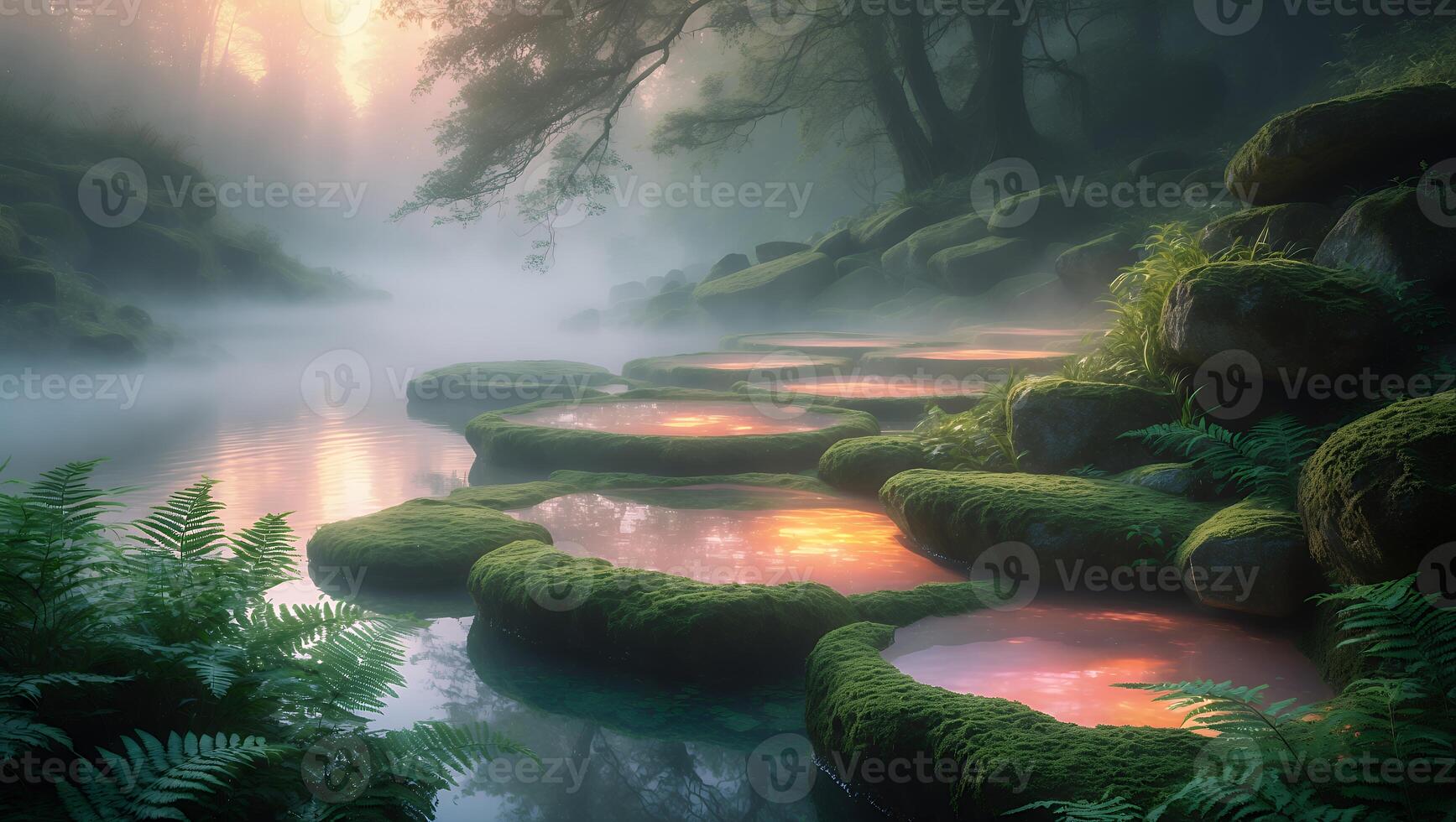 Tranquil forest scene with glowing pools by a misty river, surrounded by lush greenery and rocks photo