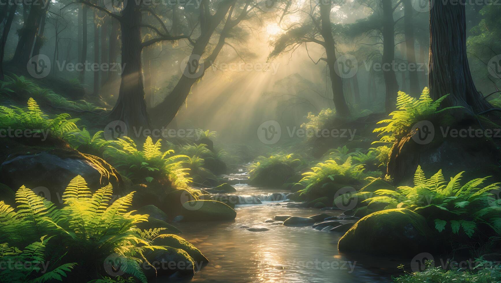 Serene forest landscape with sunlight streaming through trees, illuminating a tranquil stream and ferns photo