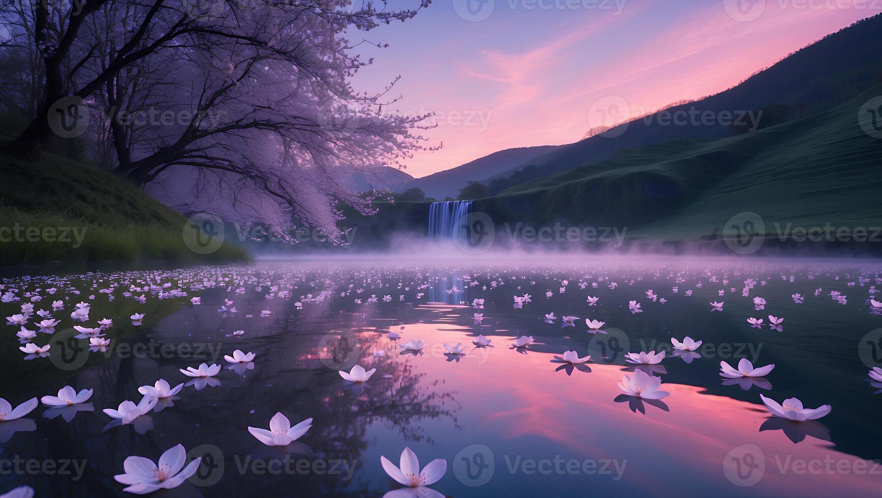 Serene landscape at dawn with cherry blossoms, a tranquil waterfall, and mist over a lake photo