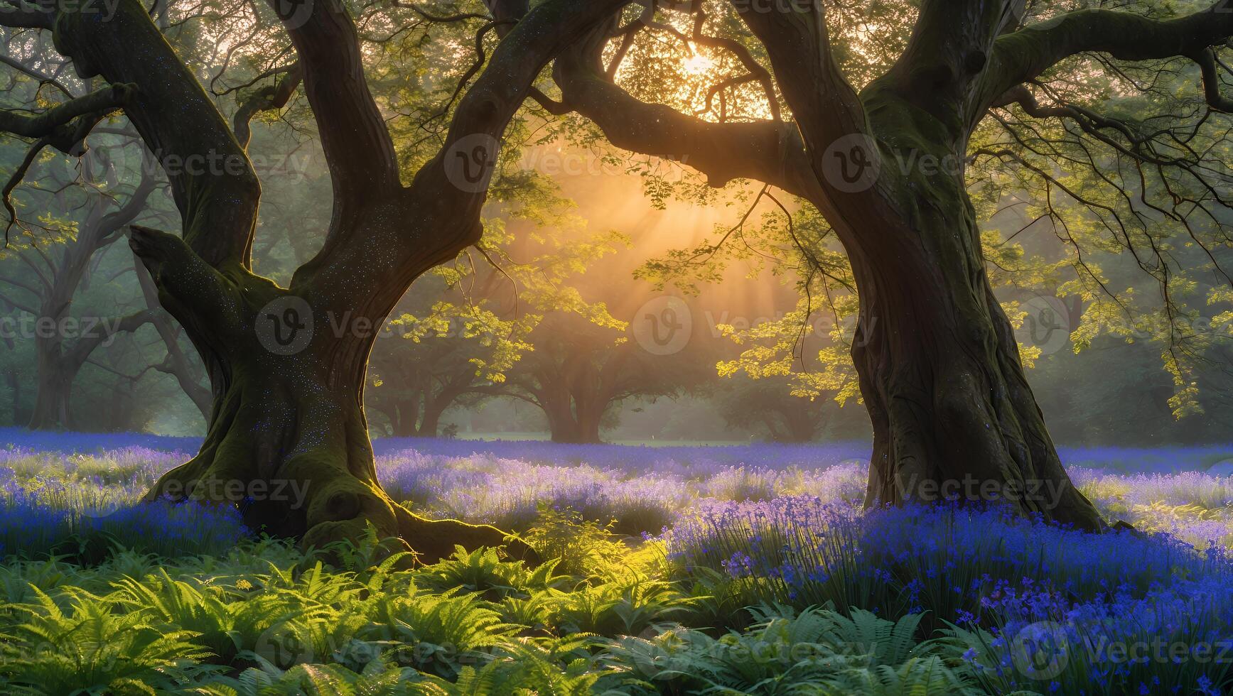 Serene forest scene with sunlight filtering through trees, illuminating a field of bluebells and ferns photo