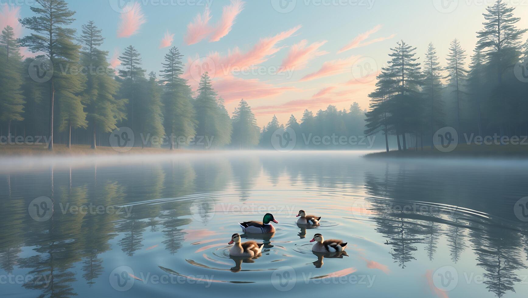 Serene lake scene at dawn with ducks swimming, surrounded by misty trees and colorful sky photo
