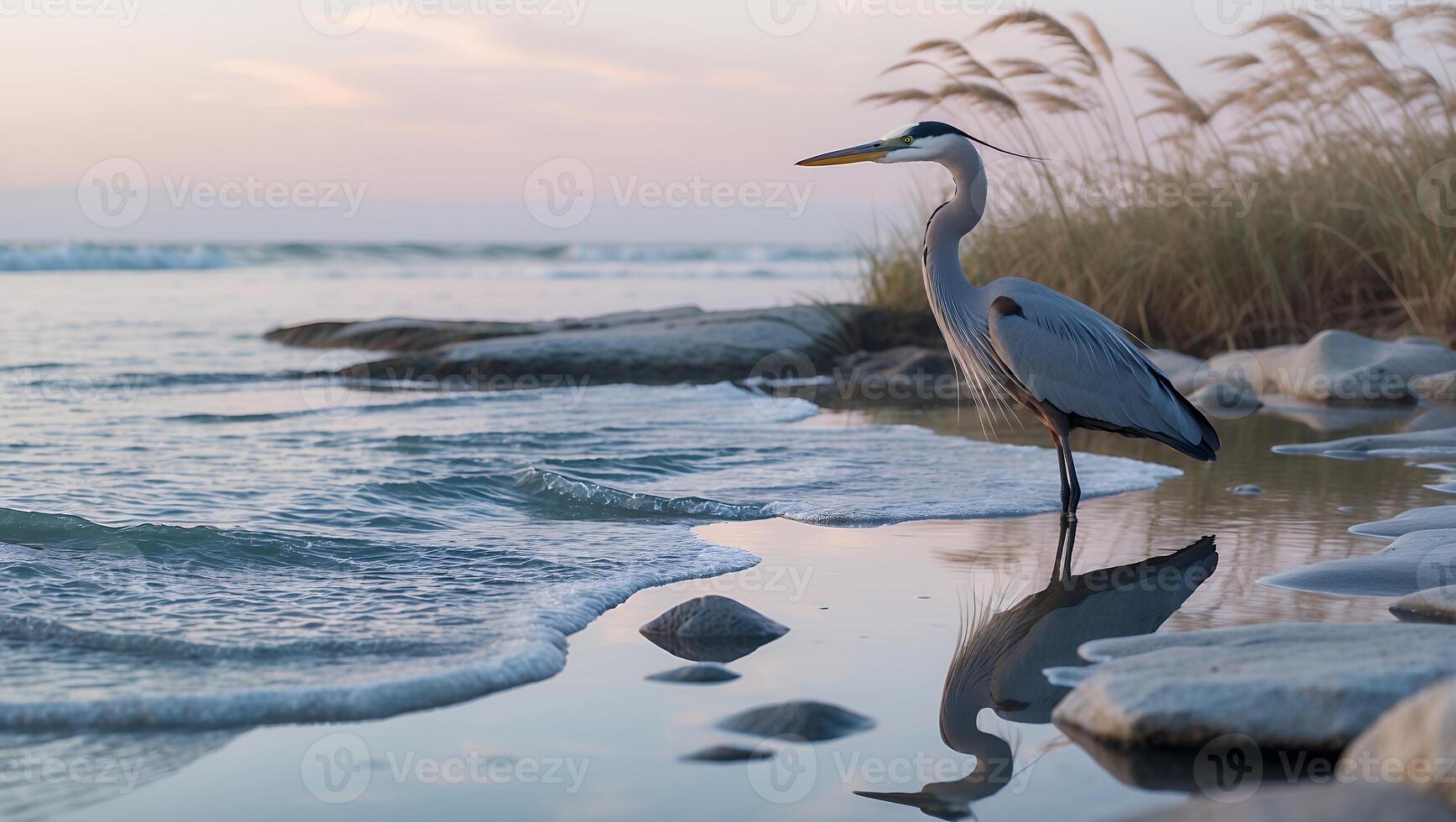 Majestic heron standing by the tranquil shoreline at sunset, reflecting on the calm water photo