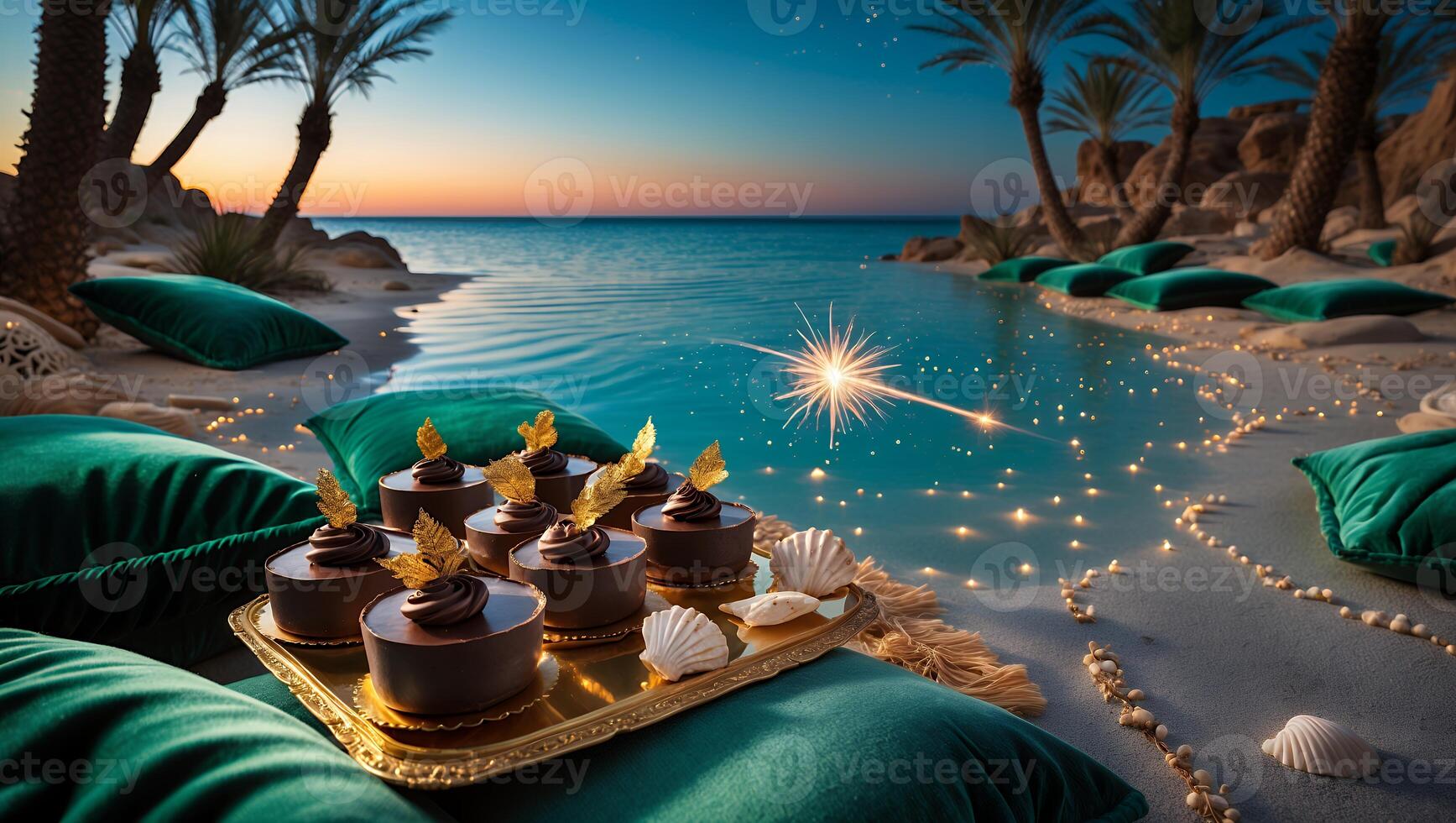 Luxurious dessert display by a tranquil beach at sunset, with palm trees and sparkling water photo