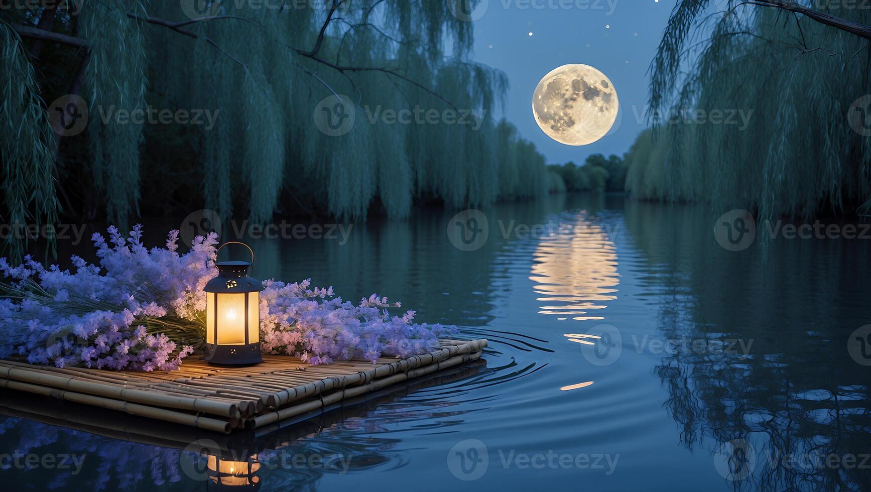 Serene Night by the River with Lantern and Flowers Under a Full Moon Reflected in Water photo