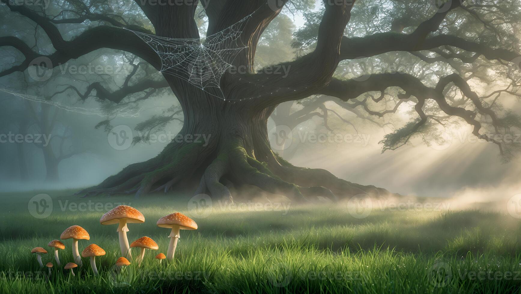 Enchanted forest scene featuring vibrant mushrooms under a majestic tree with morning mist photo