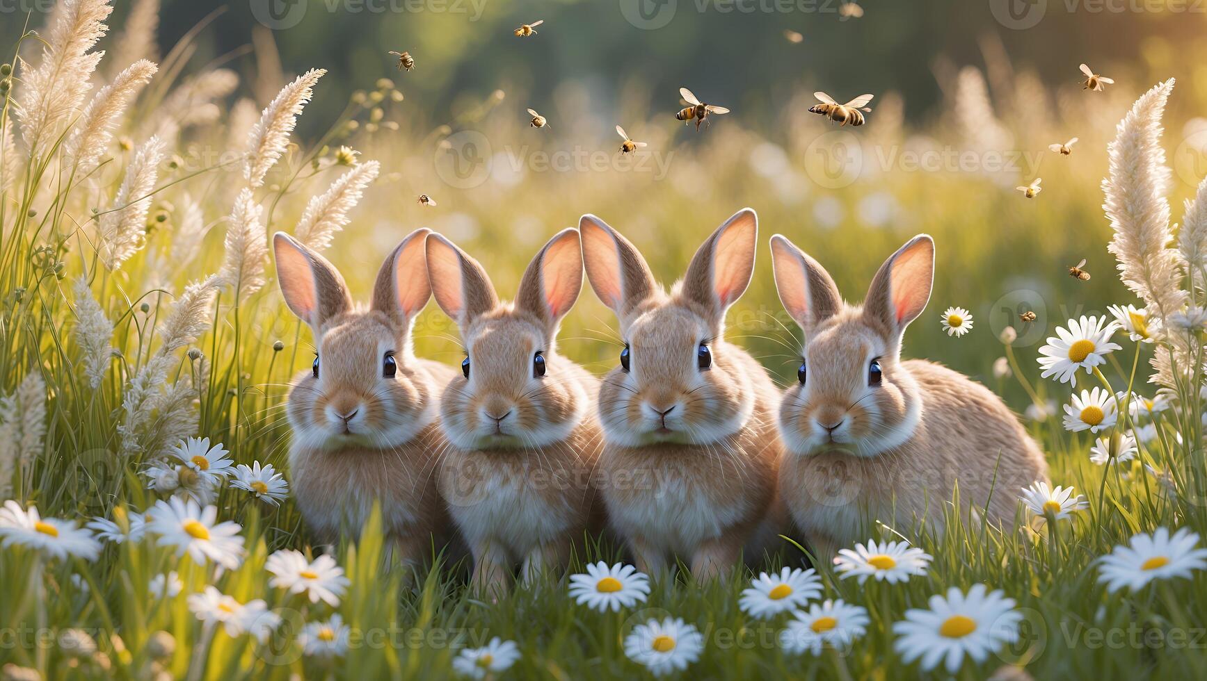Four fluffy rabbits sitting among daisies in a sunlit meadow, with bees buzzing in the background photo