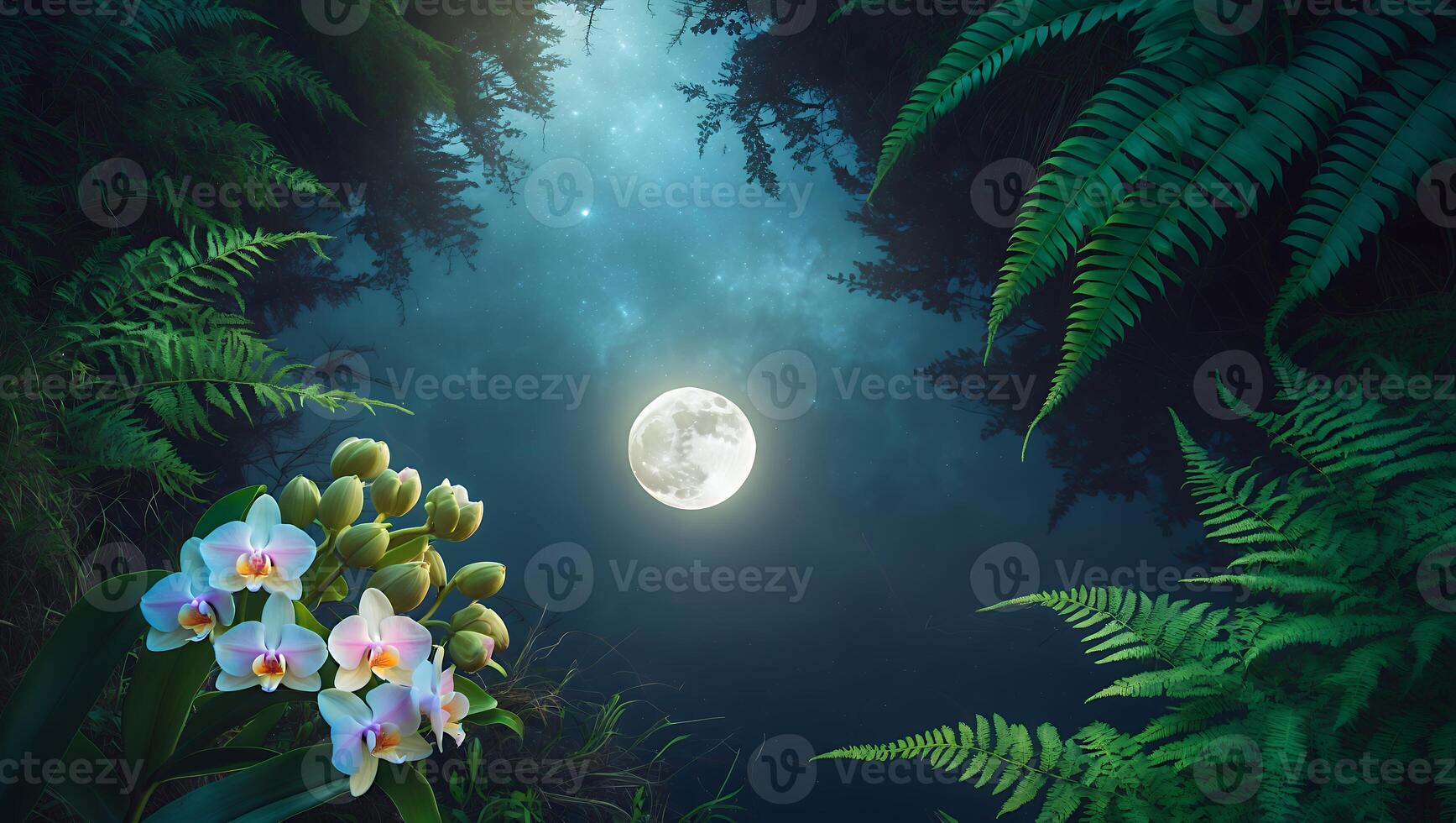 Serene night view of a full moon illuminating a lush forest with vibrant orchids and ferns photo