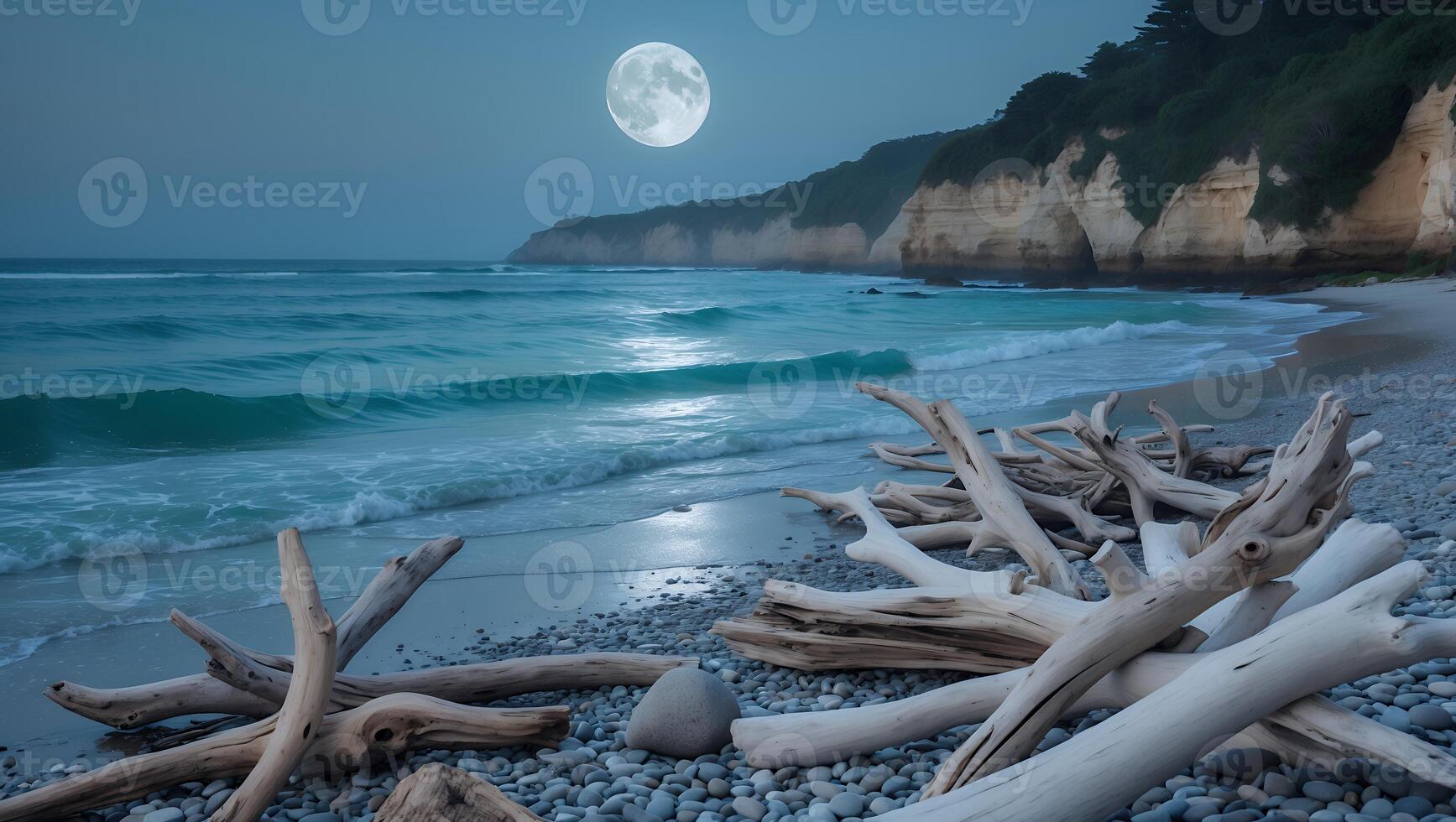 Serene moonlit beach scene with driftwood, gentle waves, and cliffs under a full moon at dusk photo