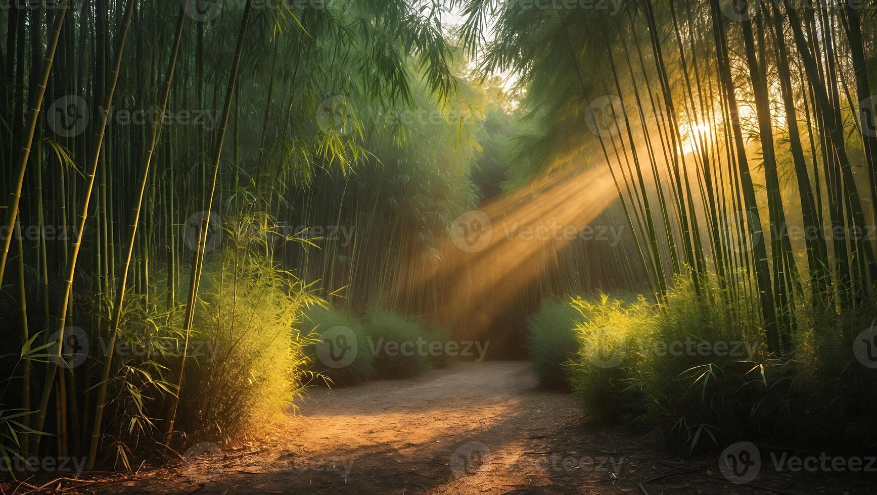 Serene bamboo forest at sunrise with soft light rays illuminating the tranquil path ahead photo