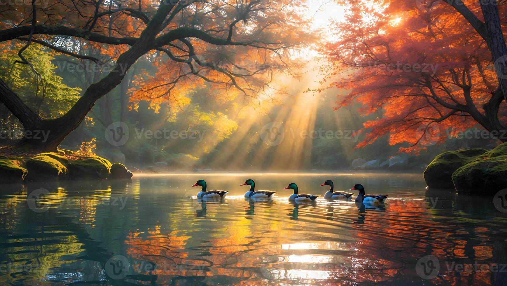 Serene autumn scene featuring ducks swimming in a tranquil lake surrounded by vibrant foliage photo