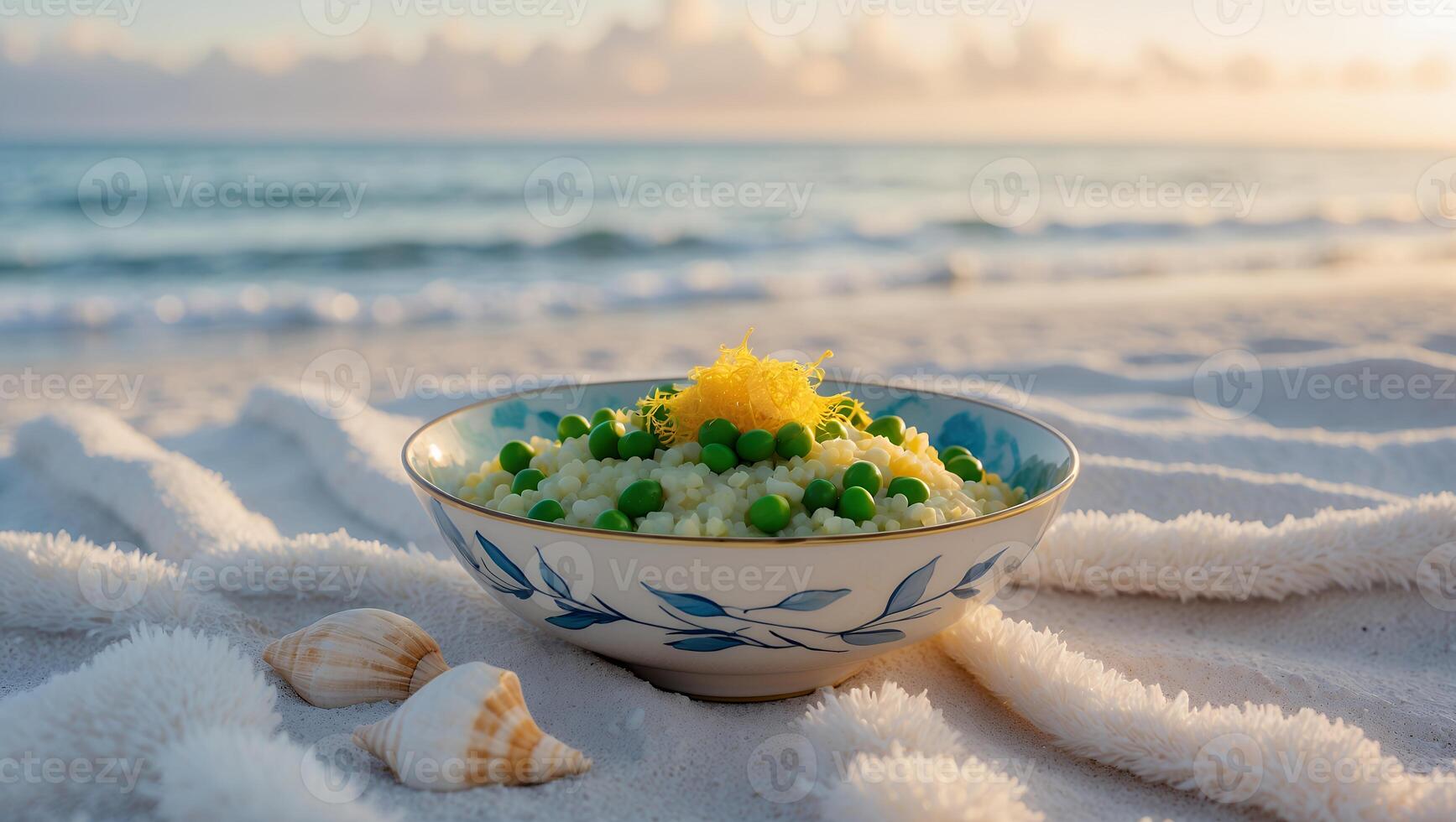 Fresh seafood dish with green peas served on a beach at sunset, waves gently lapping in the background photo