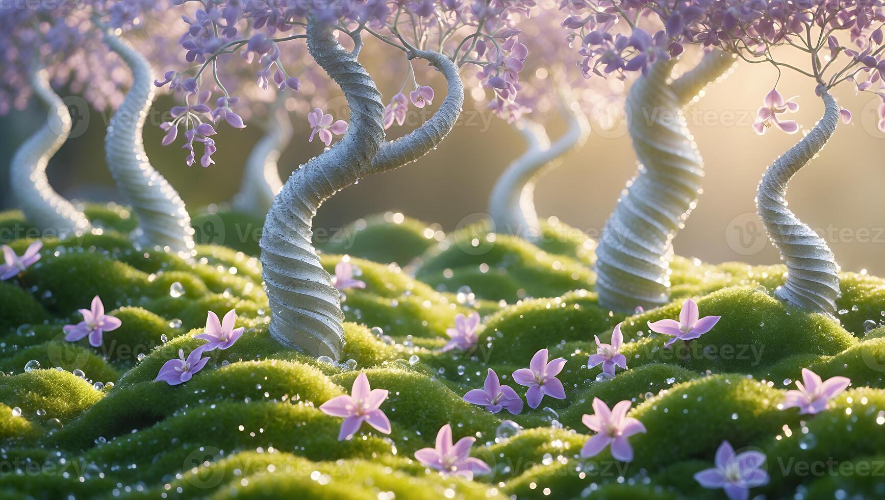 Enchanted forest scene with twisted trees and blooming flowers, illuminated by soft sunlight photo