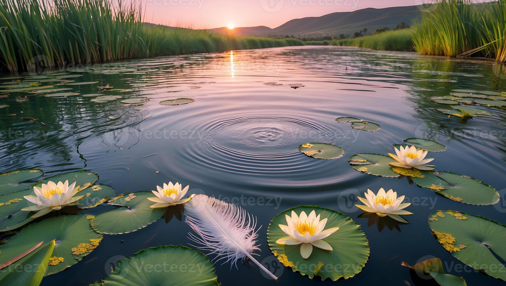 Serene sunset over a tranquil river adorned with water lilies and a feather, reflecting nature's beauty photo