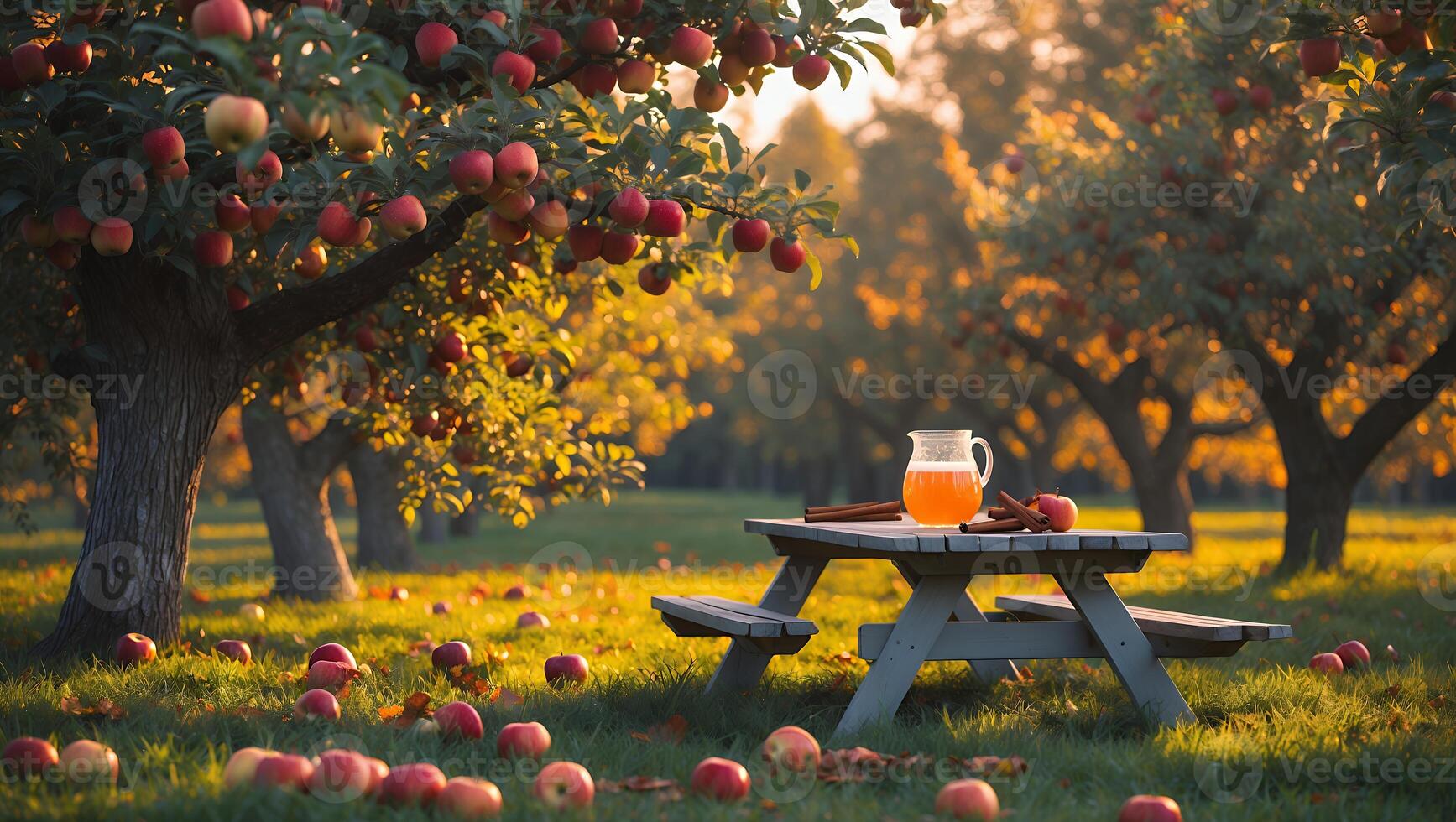 Serene autumn orchard scene with a picnic table, fresh apples, and a pitcher of juice under golden light photo