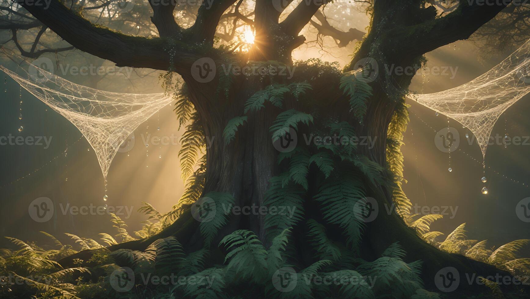 Majestic ancient tree surrounded by lush ferns and ethereal spider webs, glowing with sunlight in a mystical forest photo