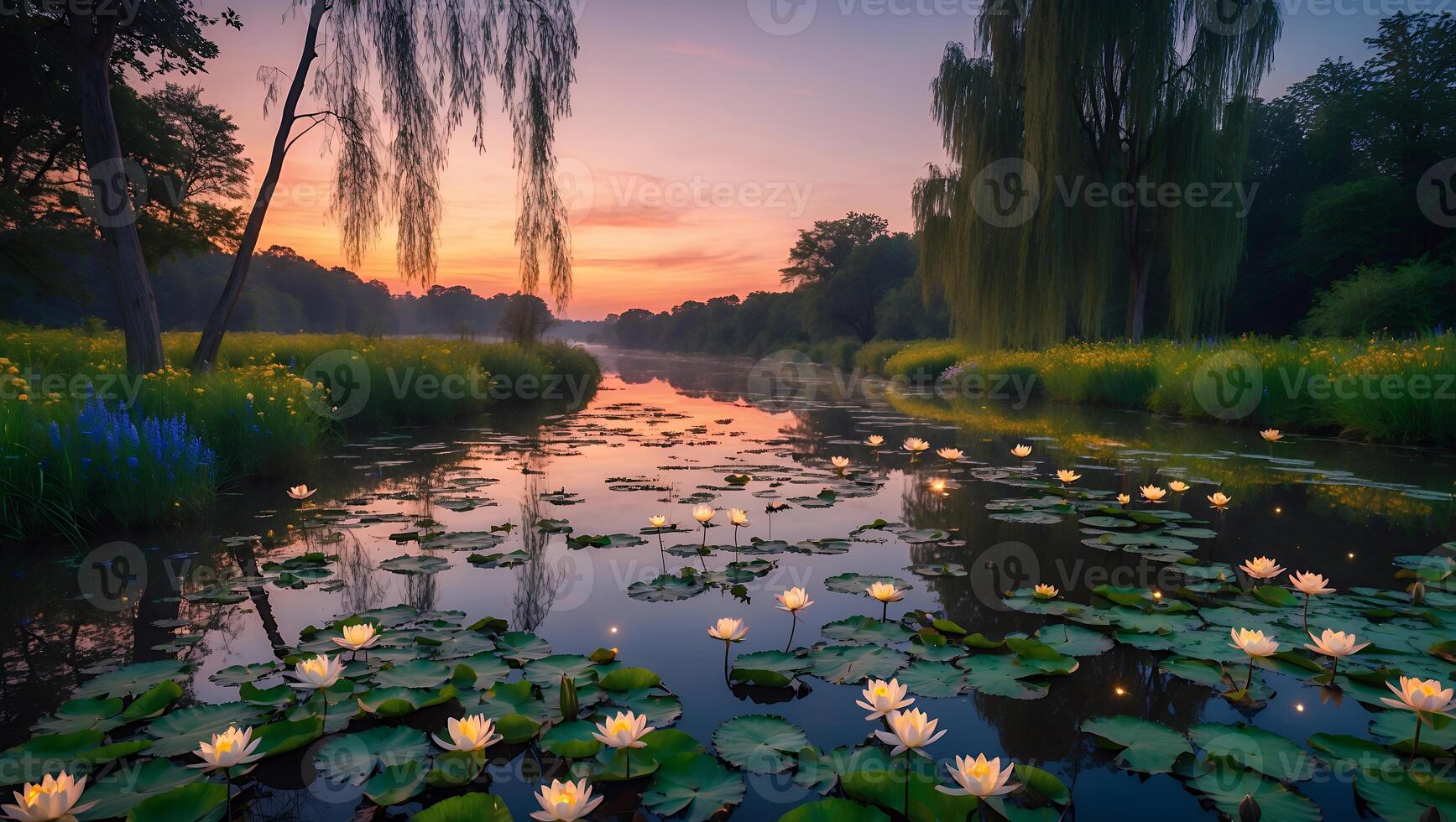 Tranquil sunset over a serene lake adorned with blooming water lilies and lush greenery photo