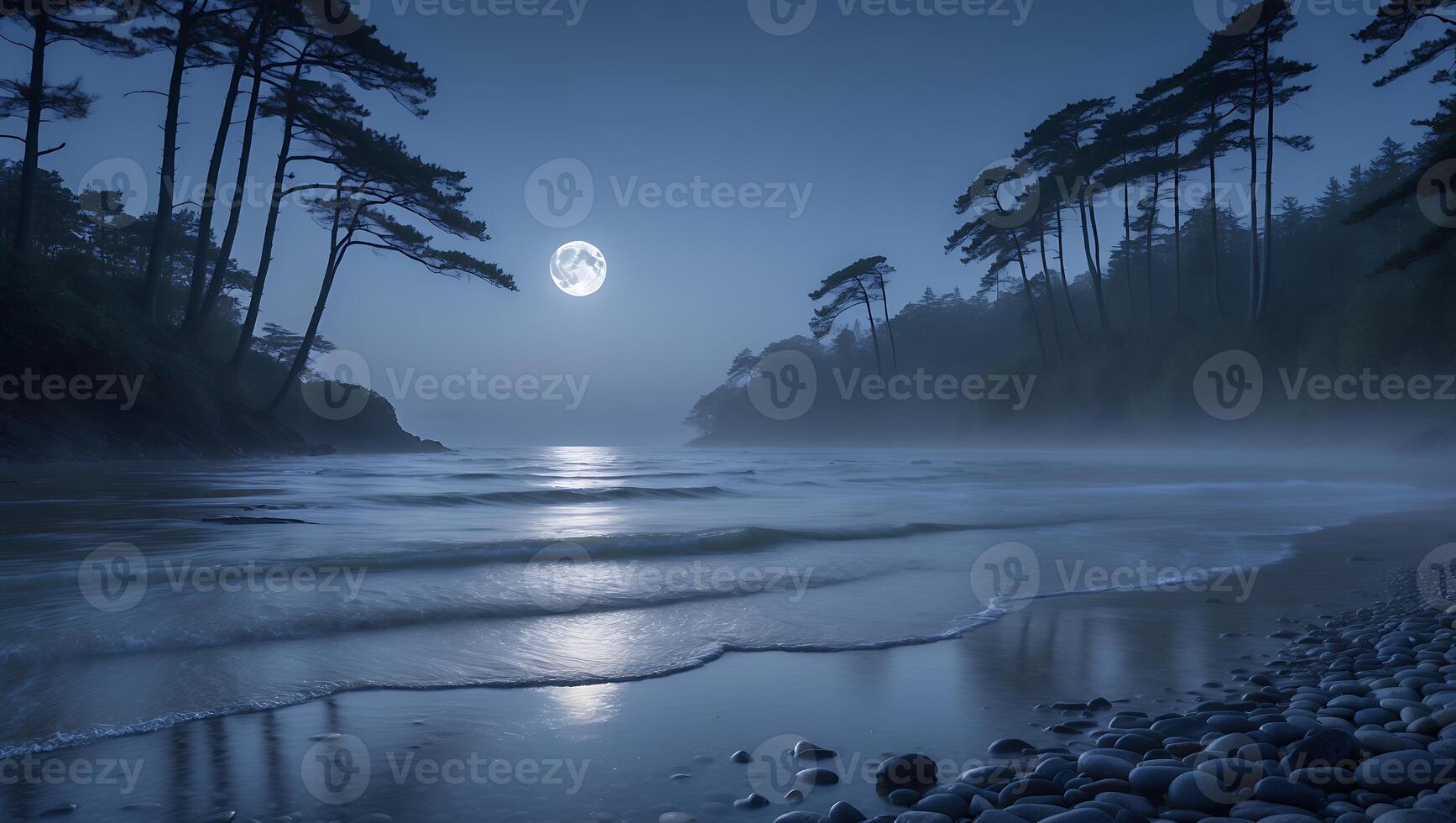 Serene moonlit beach with gentle waves, silhouetted trees, and misty atmosphere under a full moon photo