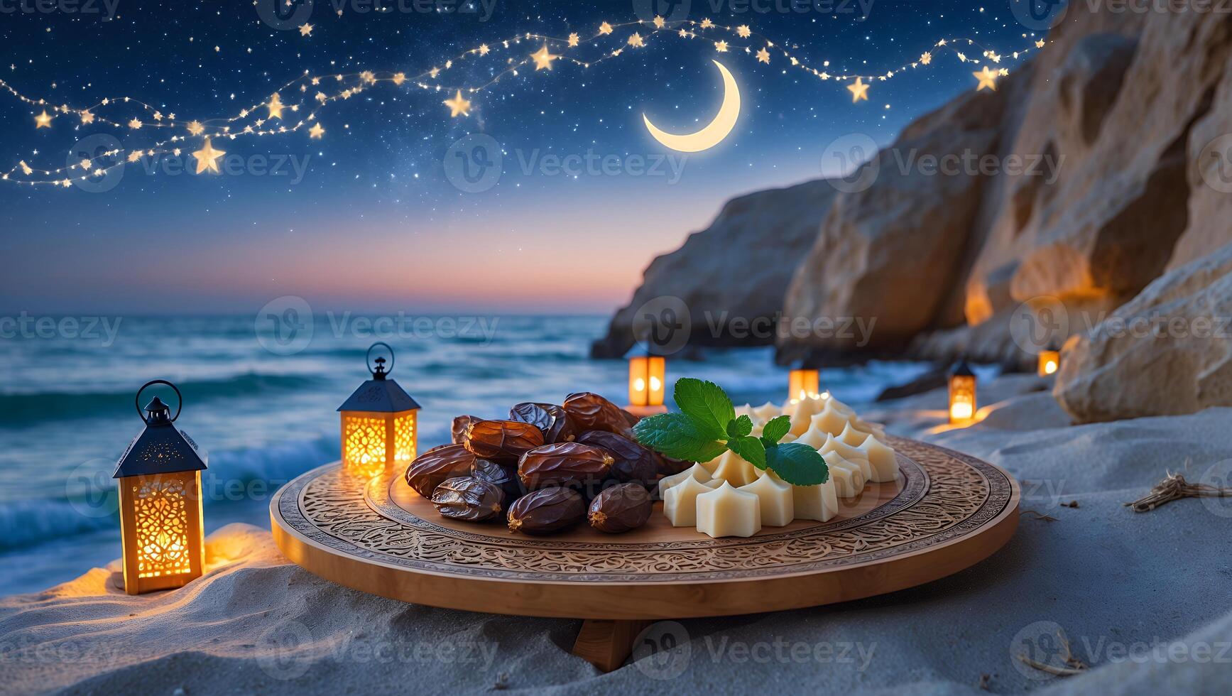 Elegant evening beach setting with dates and cheese on a wooden platter, surrounded by lanterns and stars photo