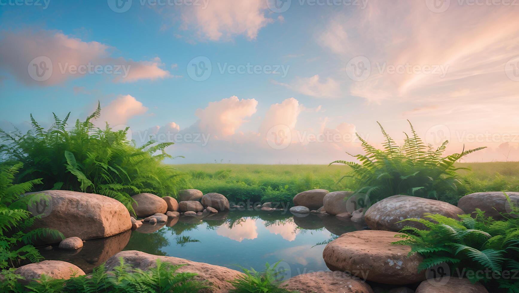 Serene landscape featuring a tranquil pond surrounded by lush ferns and smooth stones under a vibrant sky photo