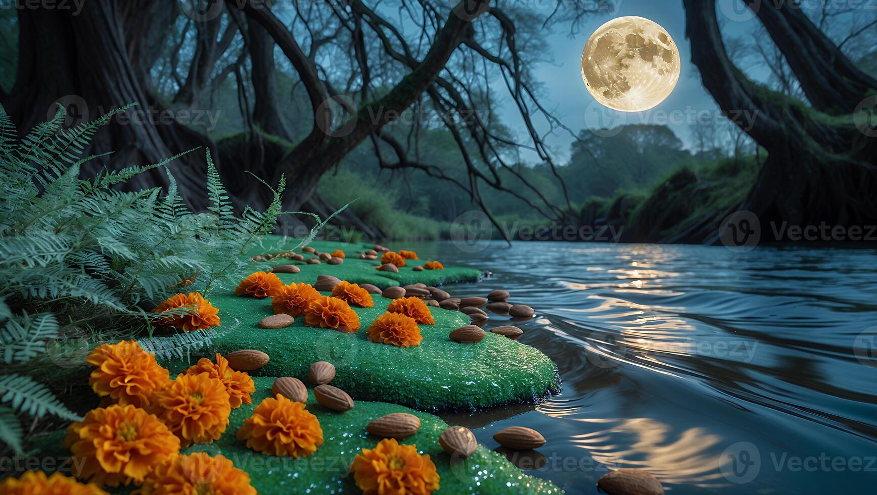 Serene moonlit riverbank adorned with vibrant marigolds and almonds, surrounded by lush trees and calm waters photo
