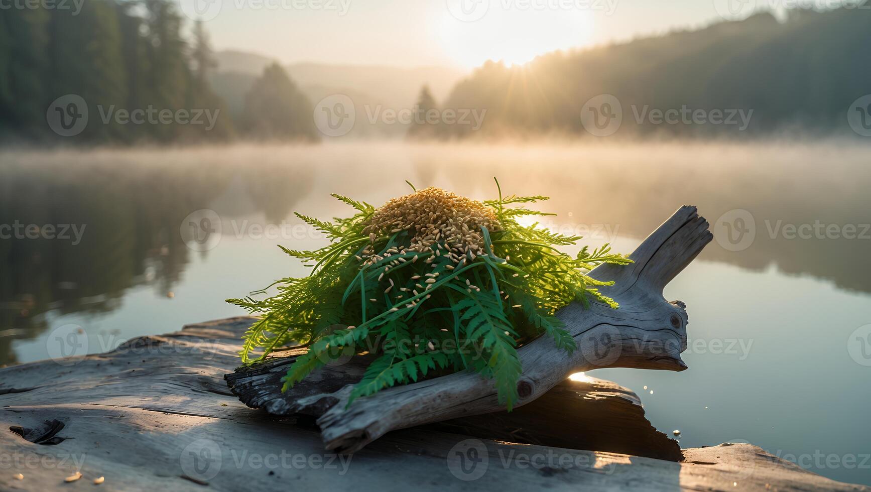 Serene morning scene featuring lush ferns on driftwood by a misty river at sunrise, evoking tranquility photo