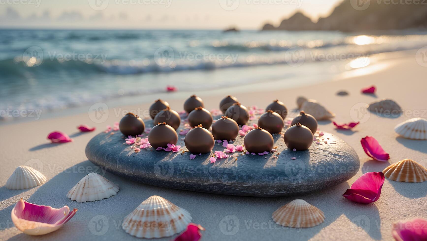 Gourmet chocolate truffles arranged on a stone by the beach, surrounded by petals and seashells at sunset photo