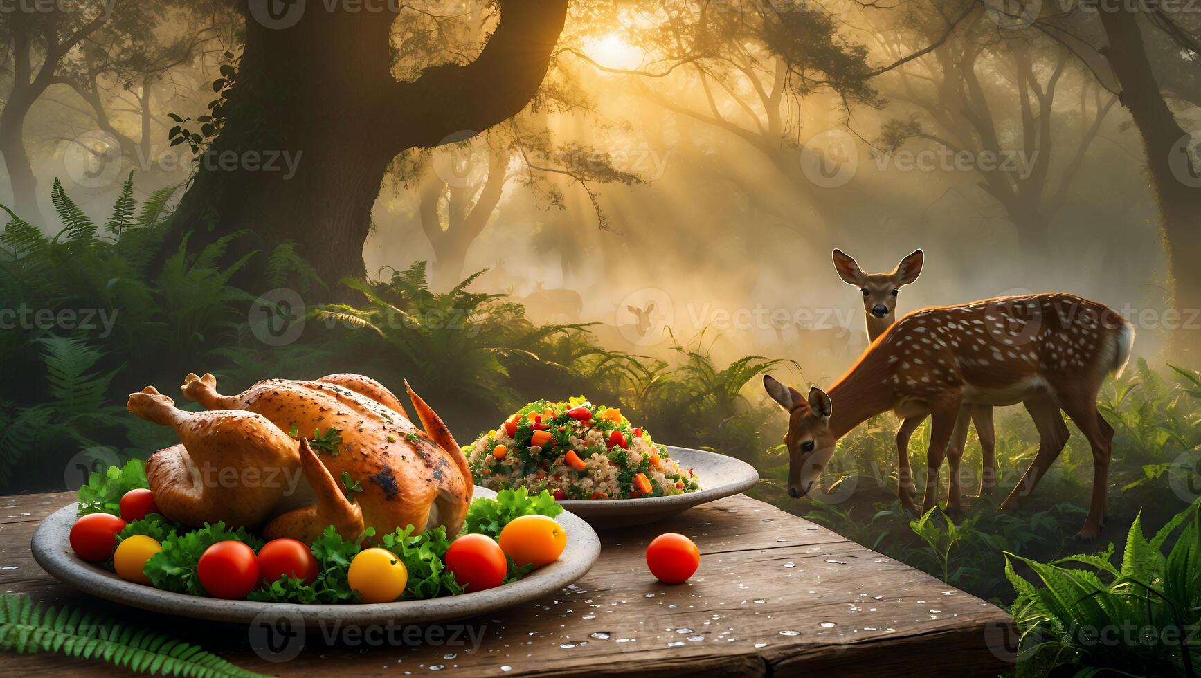 A beautifully arranged feast featuring roasted chicken and vibrant salad in a serene forest setting photo
