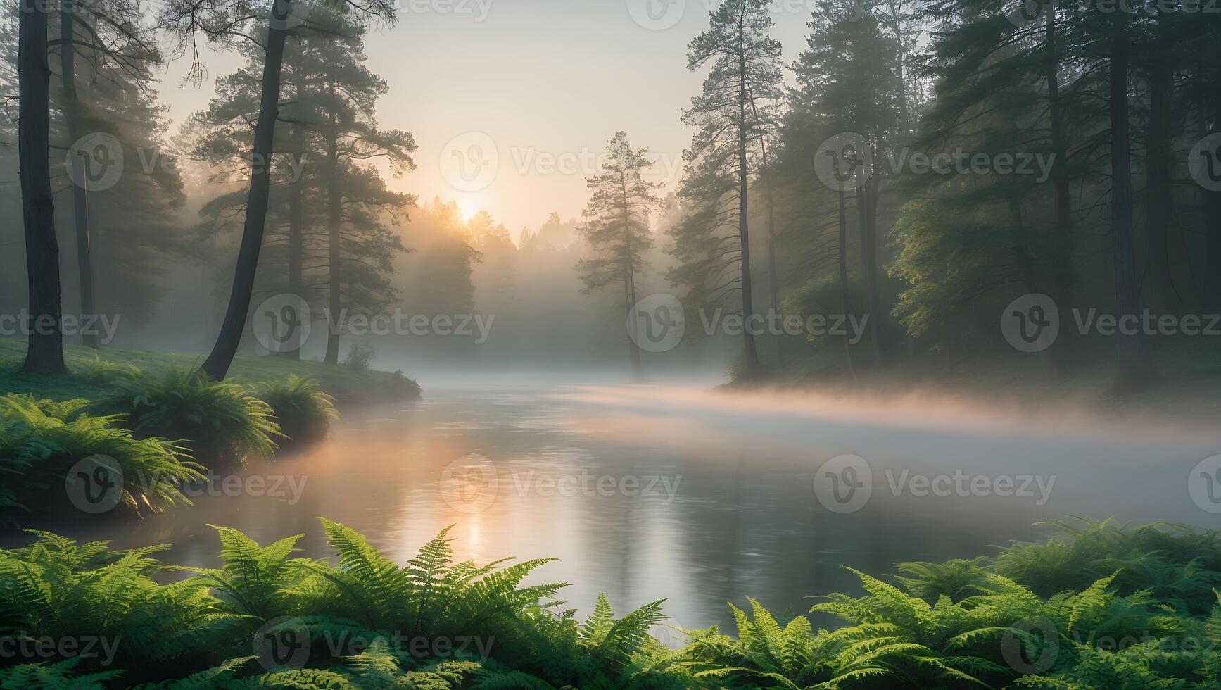 Serene morning mist envelops a tranquil river surrounded by lush ferns and towering trees at dawn photo