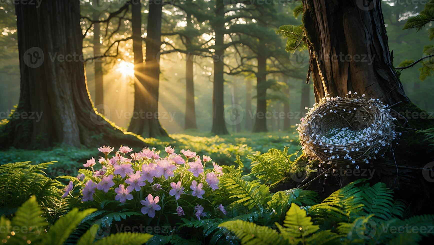 Serene forest scene with sunlight filtering through trees, showcasing vibrant flowers and a bird's nest photo