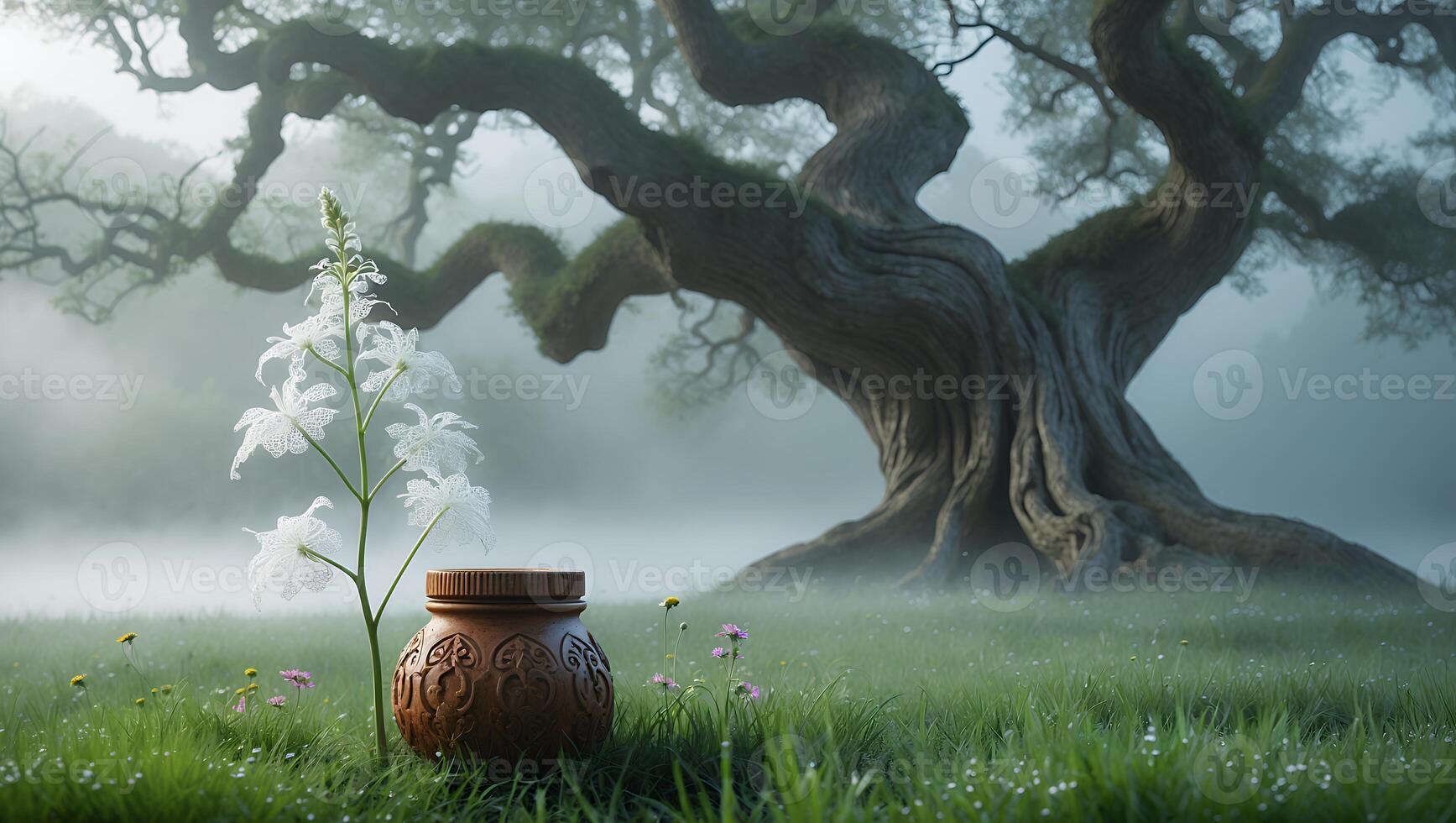 Serene morning scene featuring a decorative pot beside a blooming flower in a misty forest photo