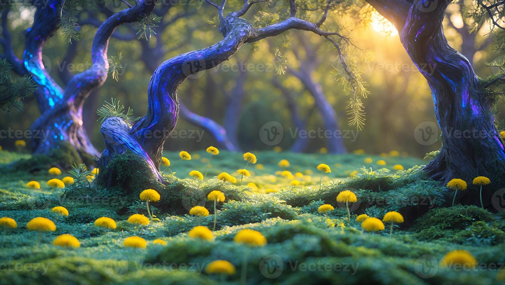 Enchanted forest with twisted trees and vibrant yellow flowers under soft sunlight, evoking tranquility photo
