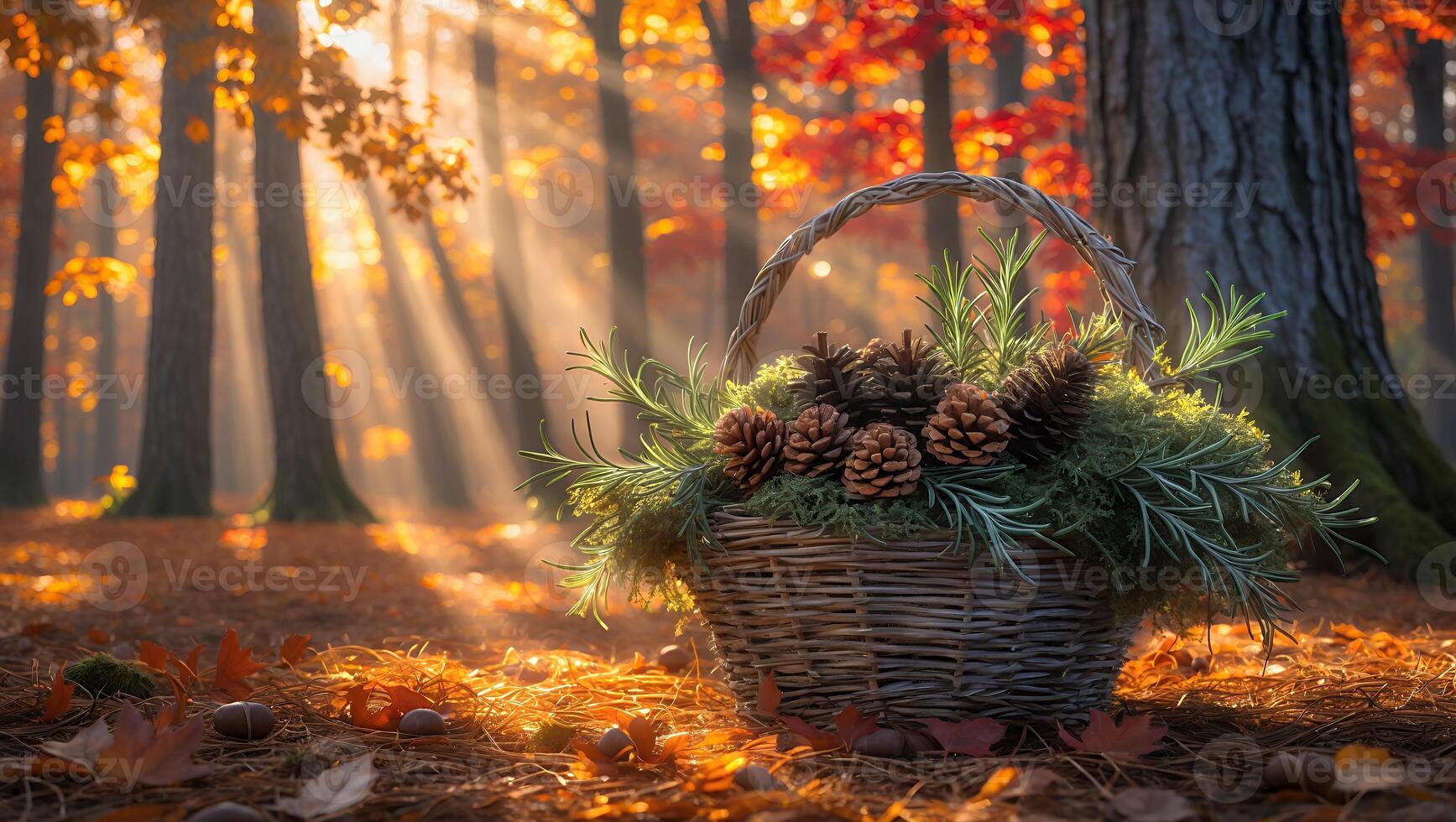 Autumn forest scene featuring a basket filled with pinecones and greenery, illuminated by sunlight photo