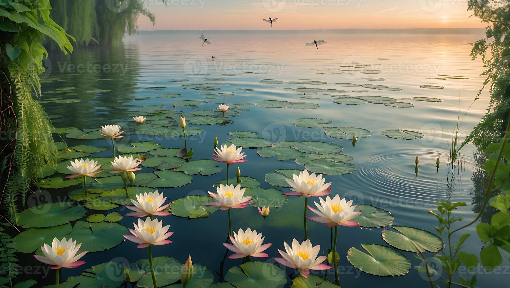 Serene lake at sunrise with blooming water lilies, gentle ripples, and birds flying in the background photo