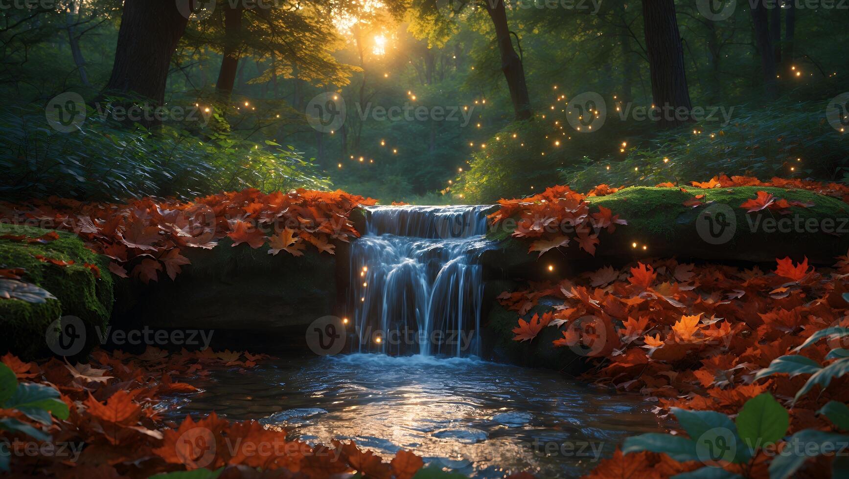 Tranquil forest scene with a cascading waterfall surrounded by autumn leaves and glowing lights photo