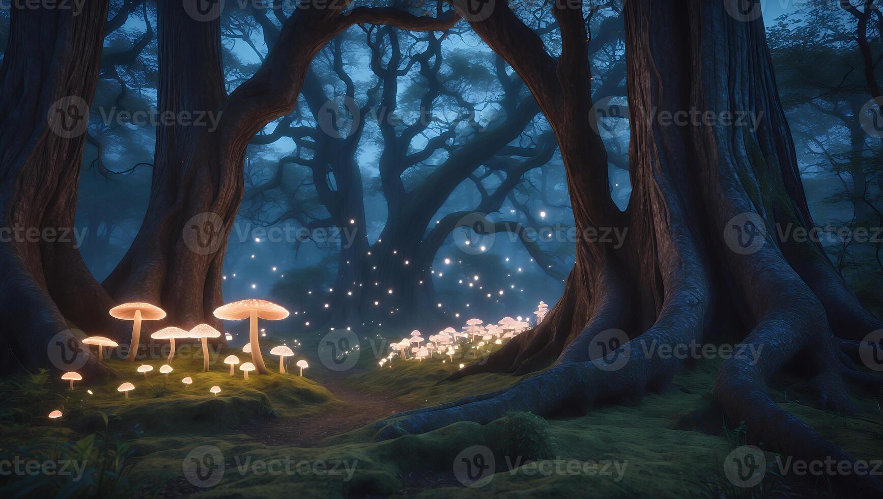 Enchanted forest scene with glowing mushrooms and ethereal lights illuminating a mystical path photo