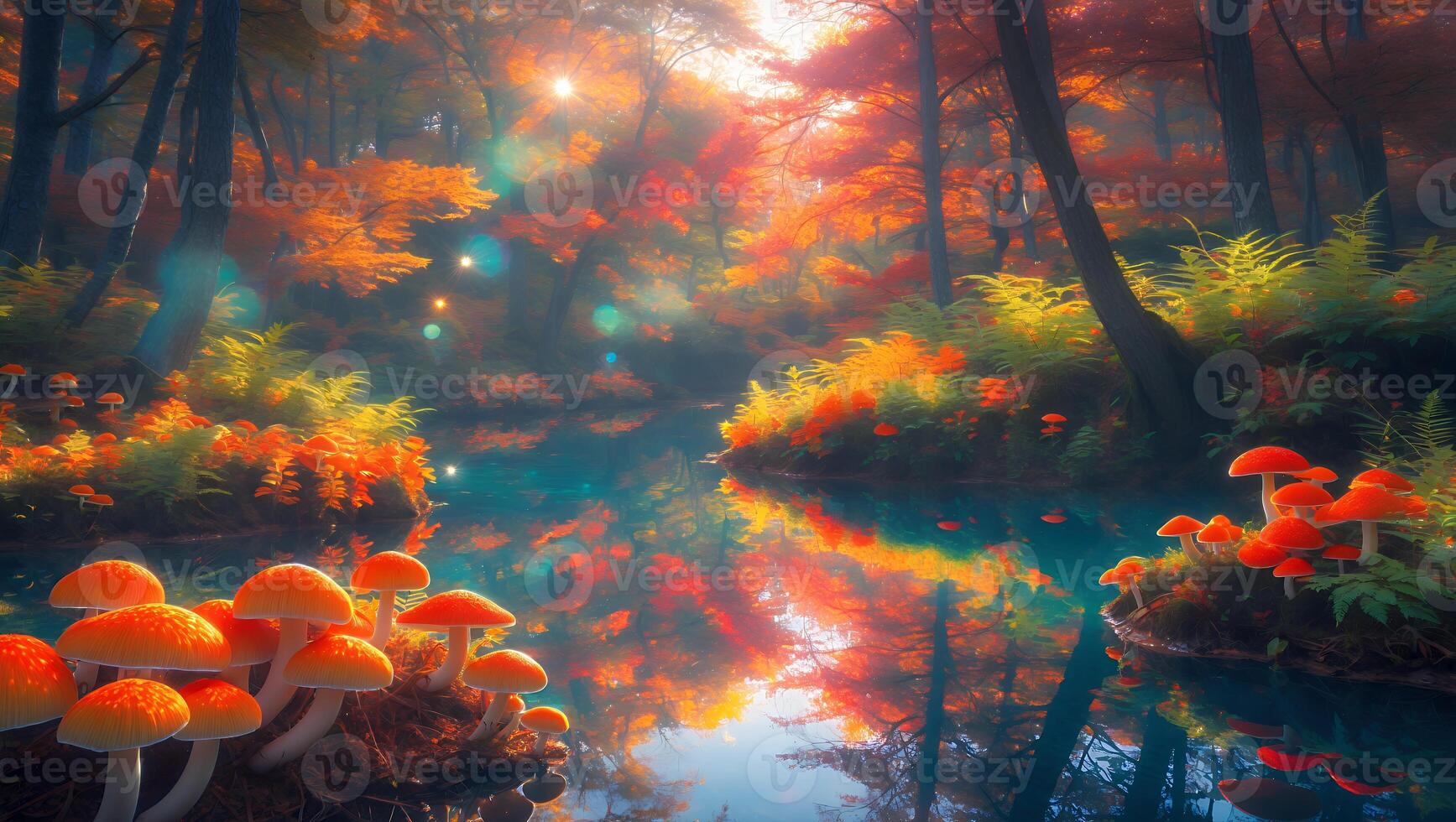 Vibrant autumn forest with colorful mushrooms beside a serene pond reflecting the foliage photo