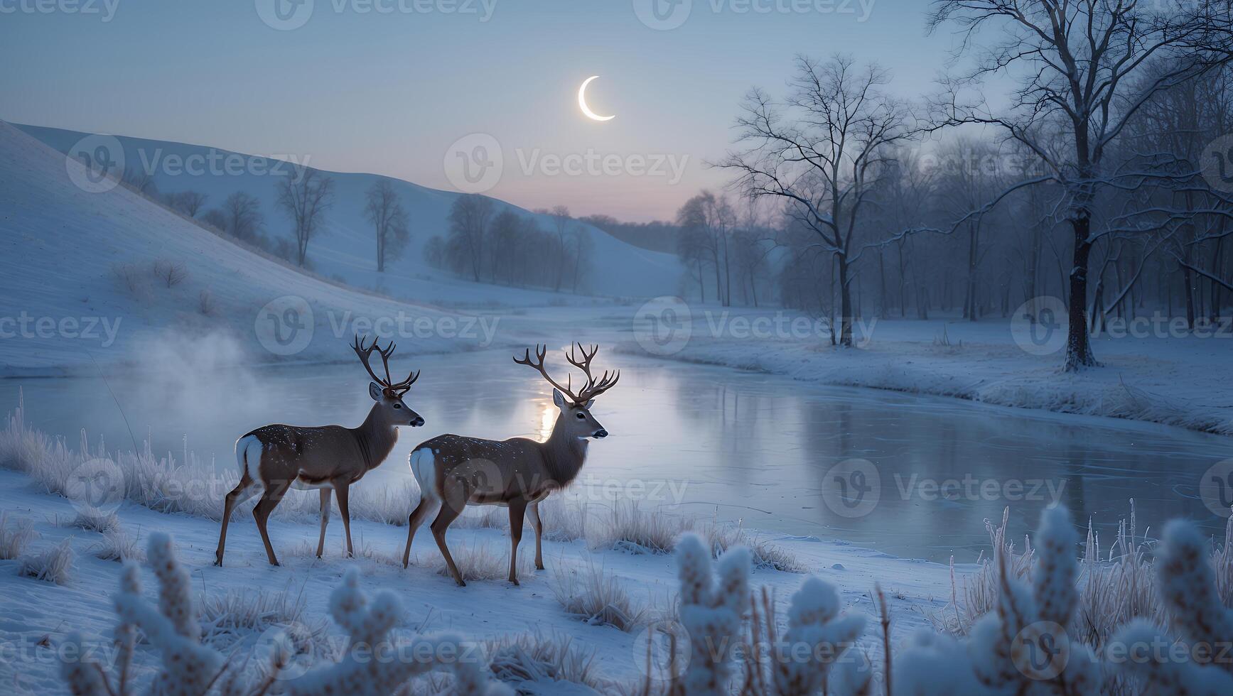 Two deer standing by a frozen river in a snowy landscape under a crescent moon at dusk photo