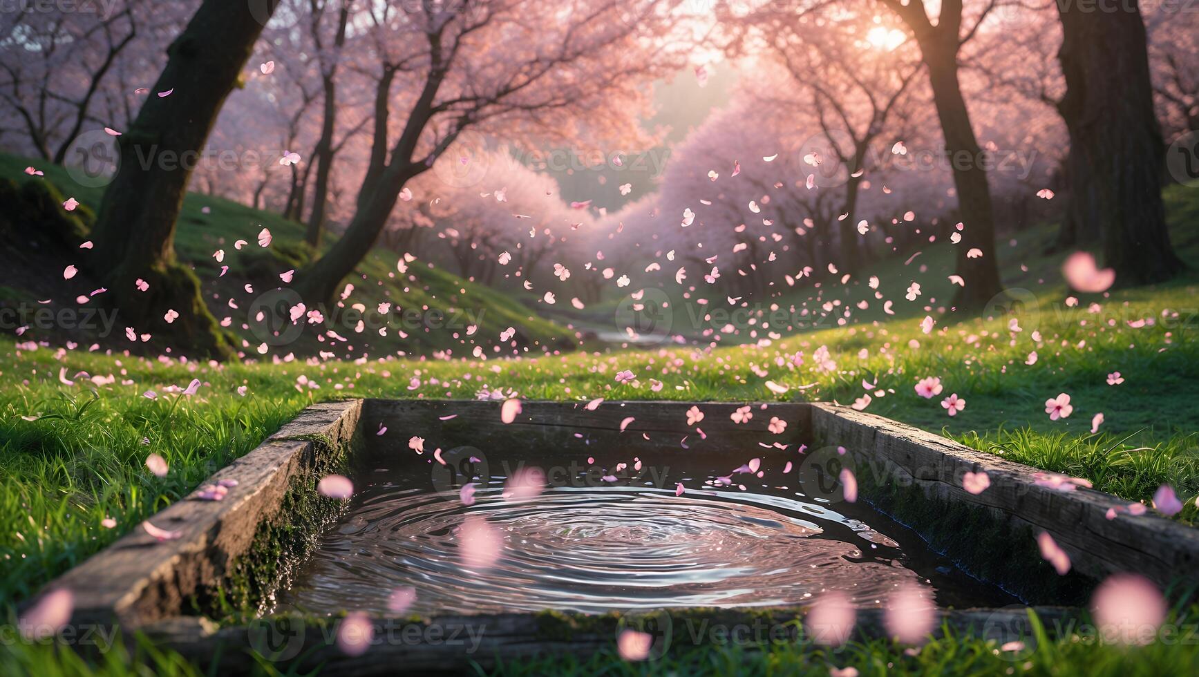 Serene cherry blossom landscape with a tranquil water feature surrounded by falling petals at sunset photo