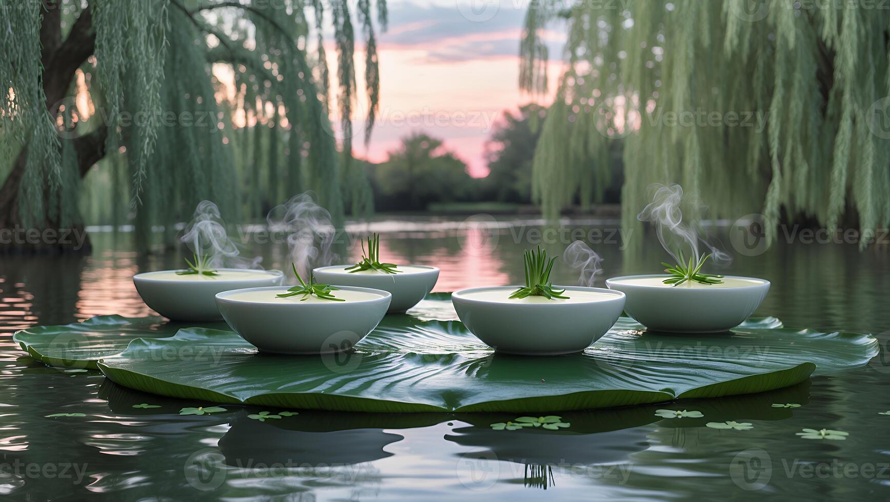 Serene evening scene with steaming bowls on lily pads in a tranquil lake surrounded by willow trees photo