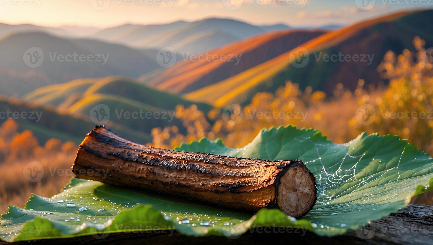 A beautifully arranged log resting on a large leaf in a vibrant autumn landscape at sunset photo