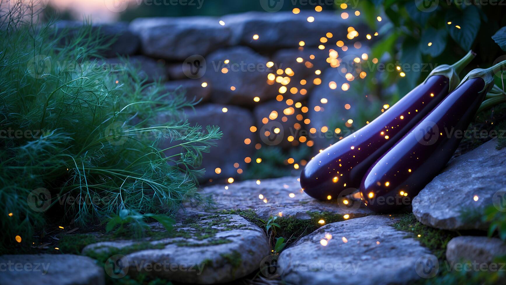 Two vibrant eggplants resting on a stone pathway surrounded by lush greenery and glowing lights photo