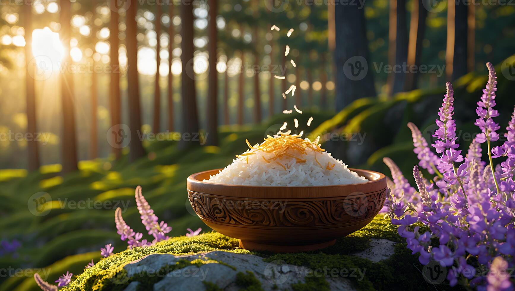 A bowl of rice garnished with golden strands, surrounded by vibrant flowers in a serene forest setting photo