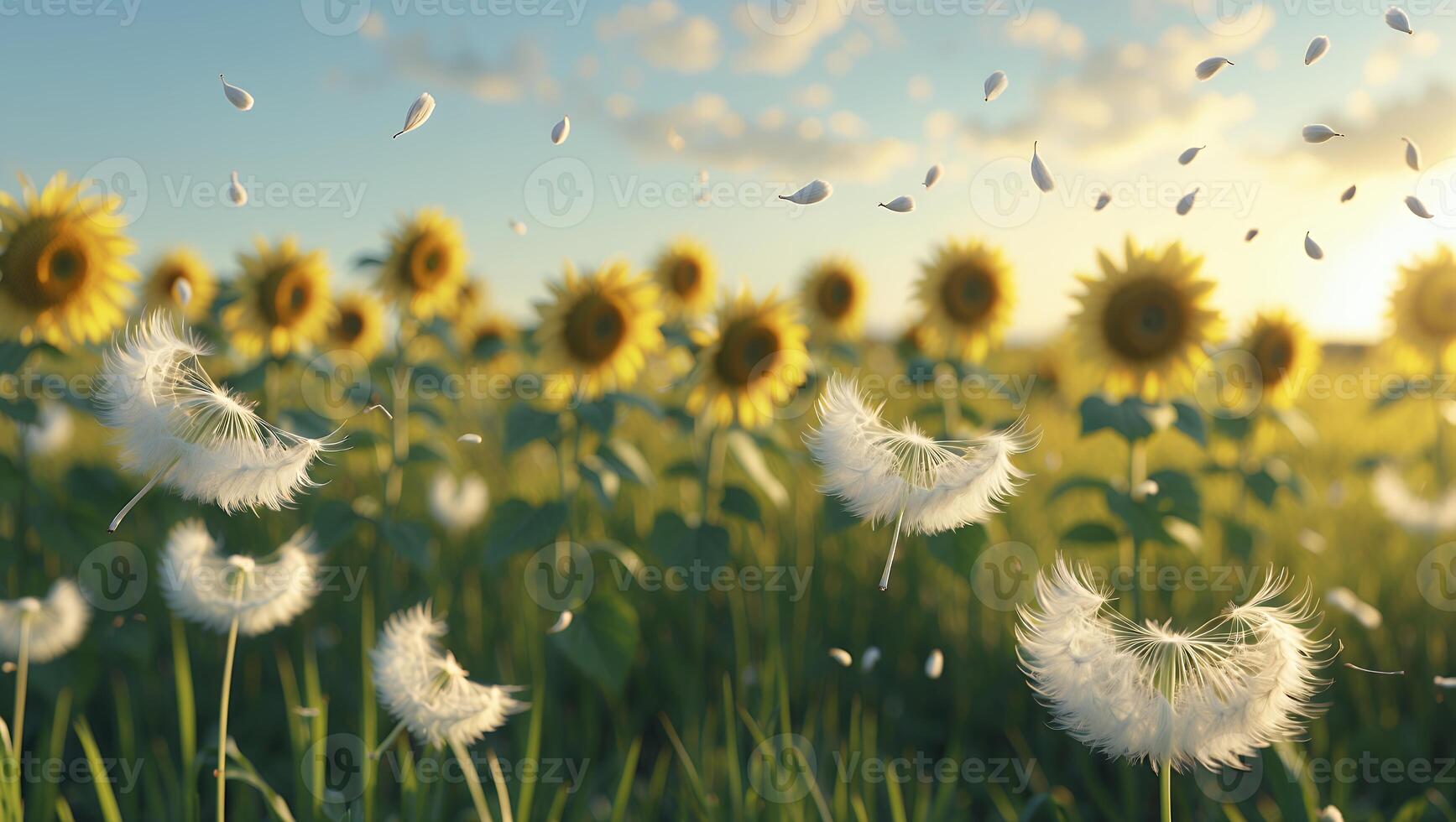 Sunlit field of sunflowers and dandelions swaying in the breeze under a clear blue sky photo